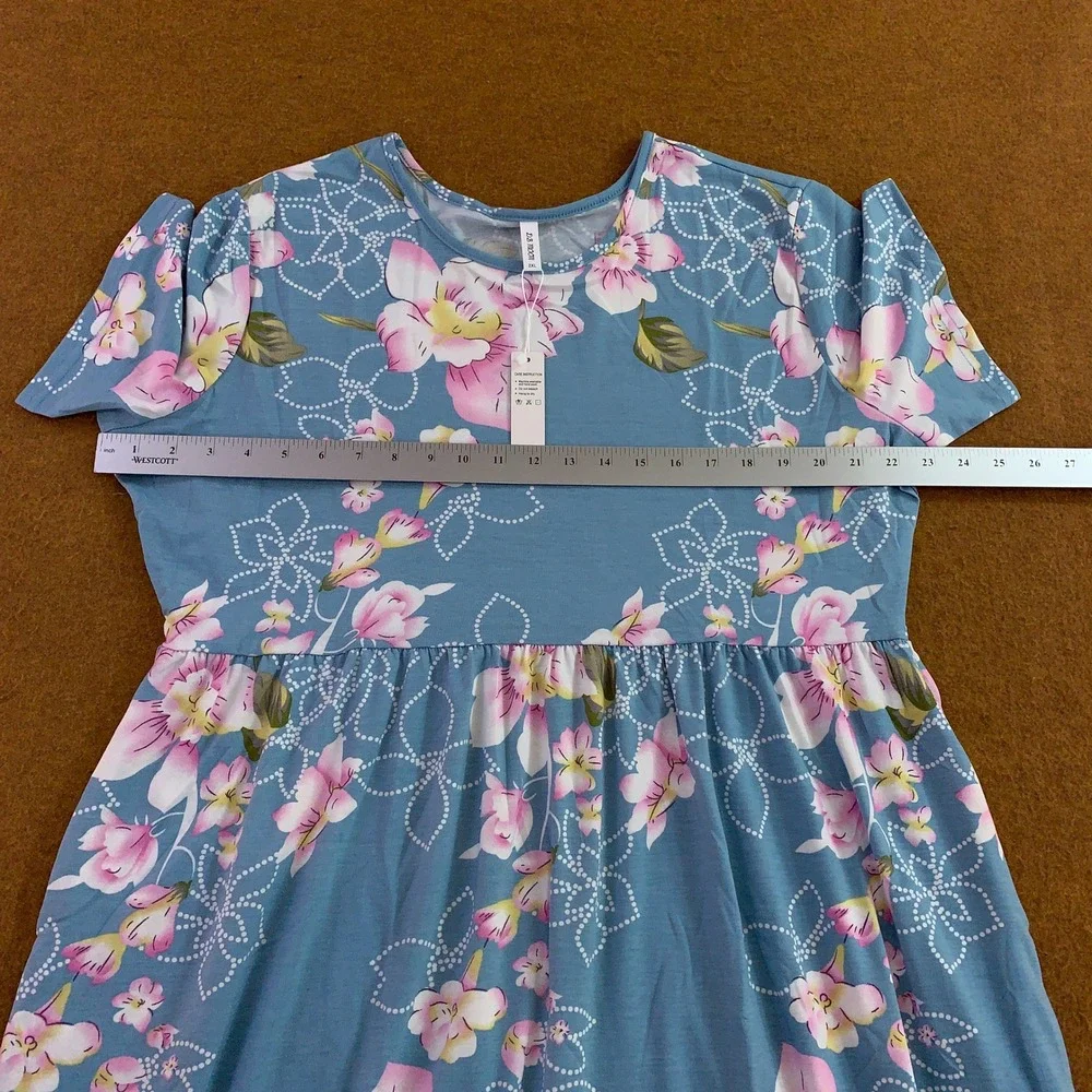 DB MOON Womens 2XL Light Blue Floral Empire Waist Summer Casual Dress NWT